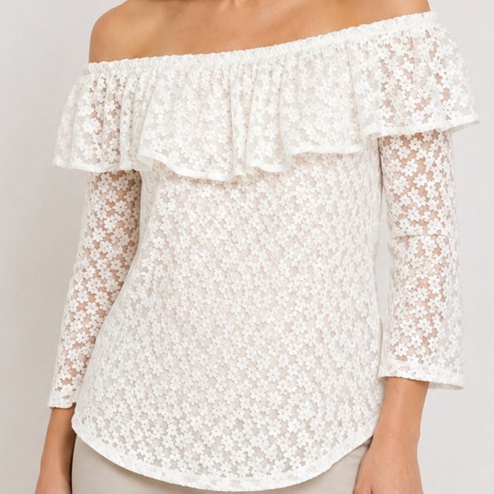 Jill Stuart White Floral Lace Off Shoulder Ruffle Blouse XS Coquette